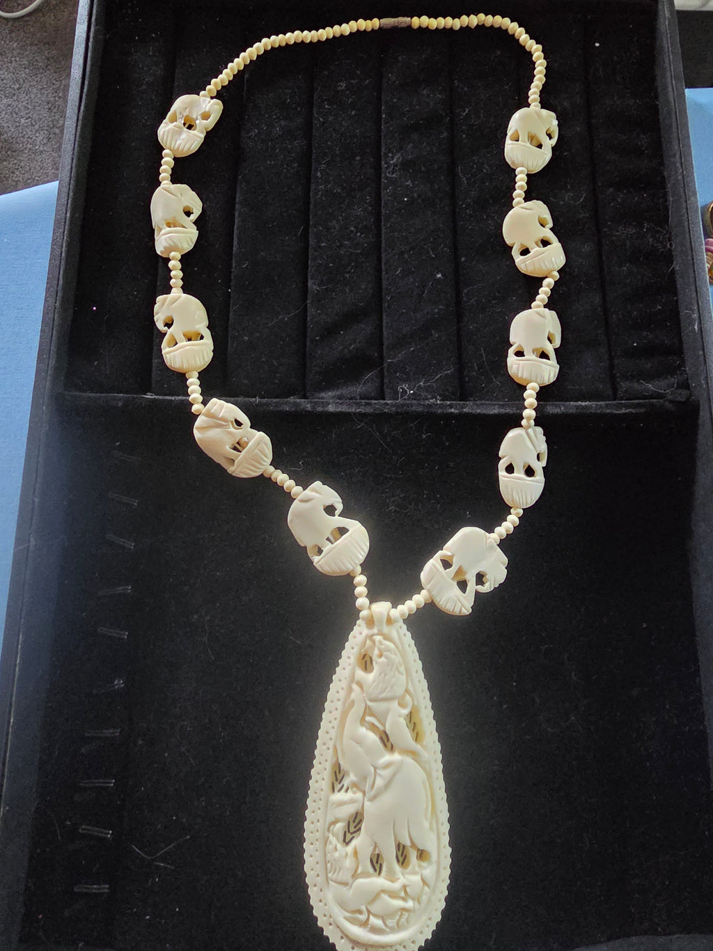 Antique Ivory Hand Carved Elephant Necklace