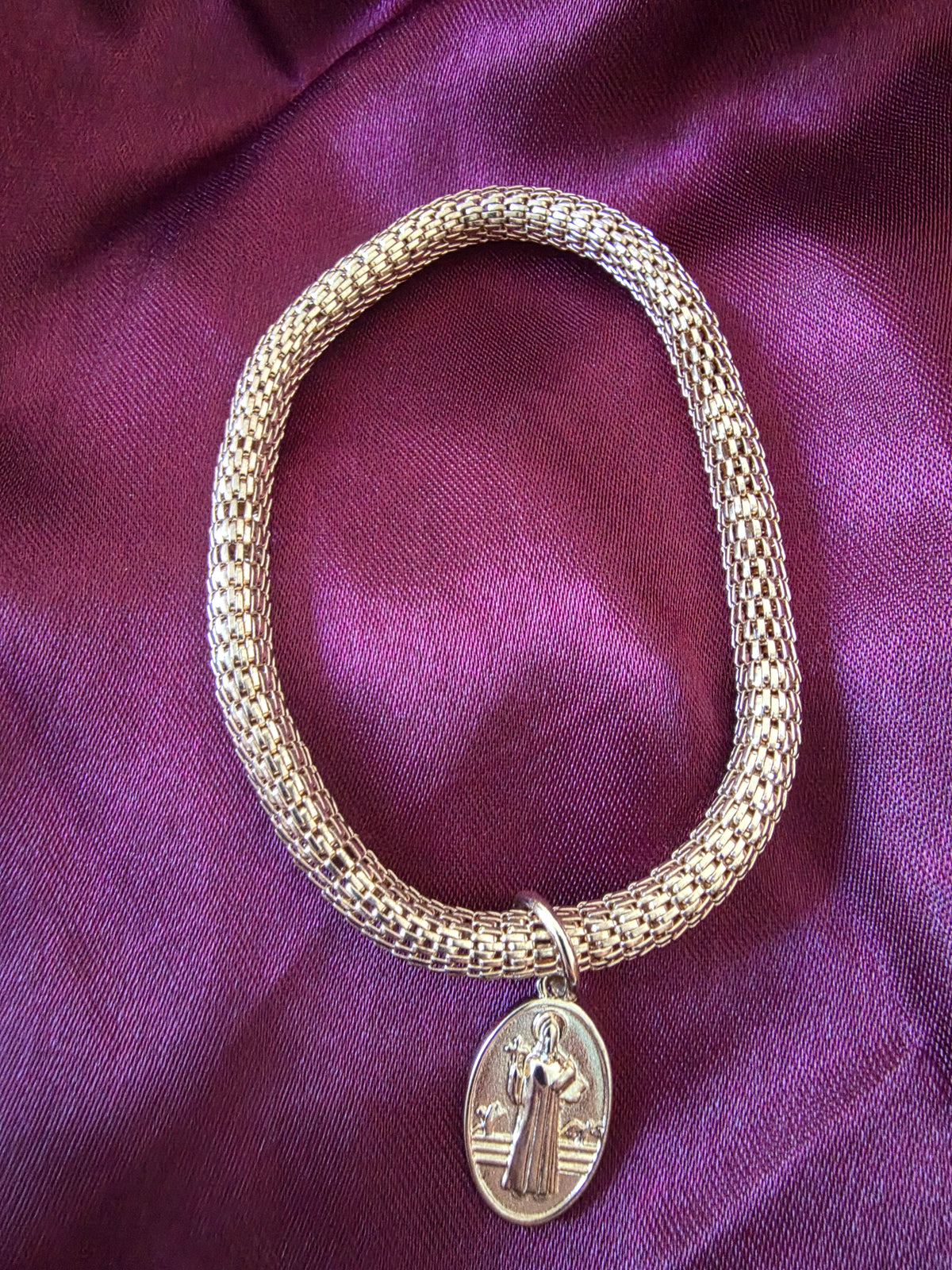 Gold-Colour Stretch Bracelet with Saint Charm