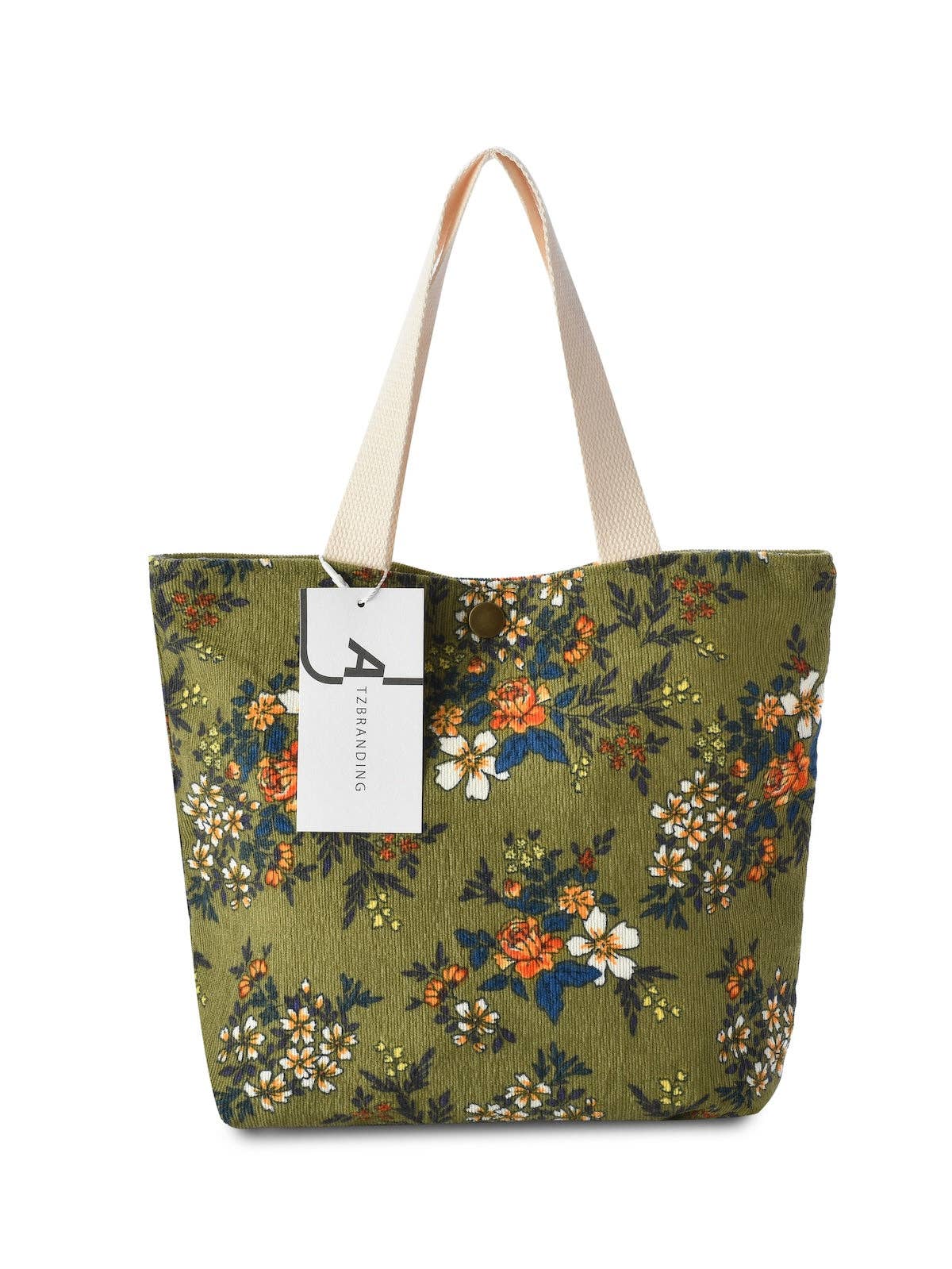 Cosbai - Vintage Artistic Floral Corduroy Tote Bag: GREEN