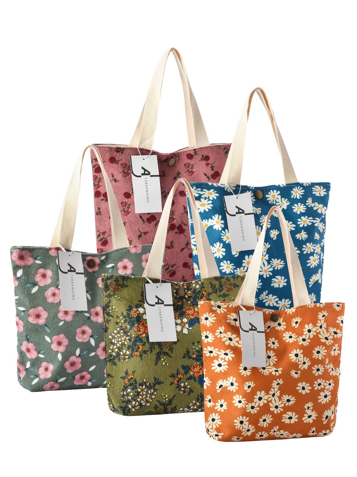 Cosbai - Vintage Artistic Floral Corduroy Tote Bag: GREEN